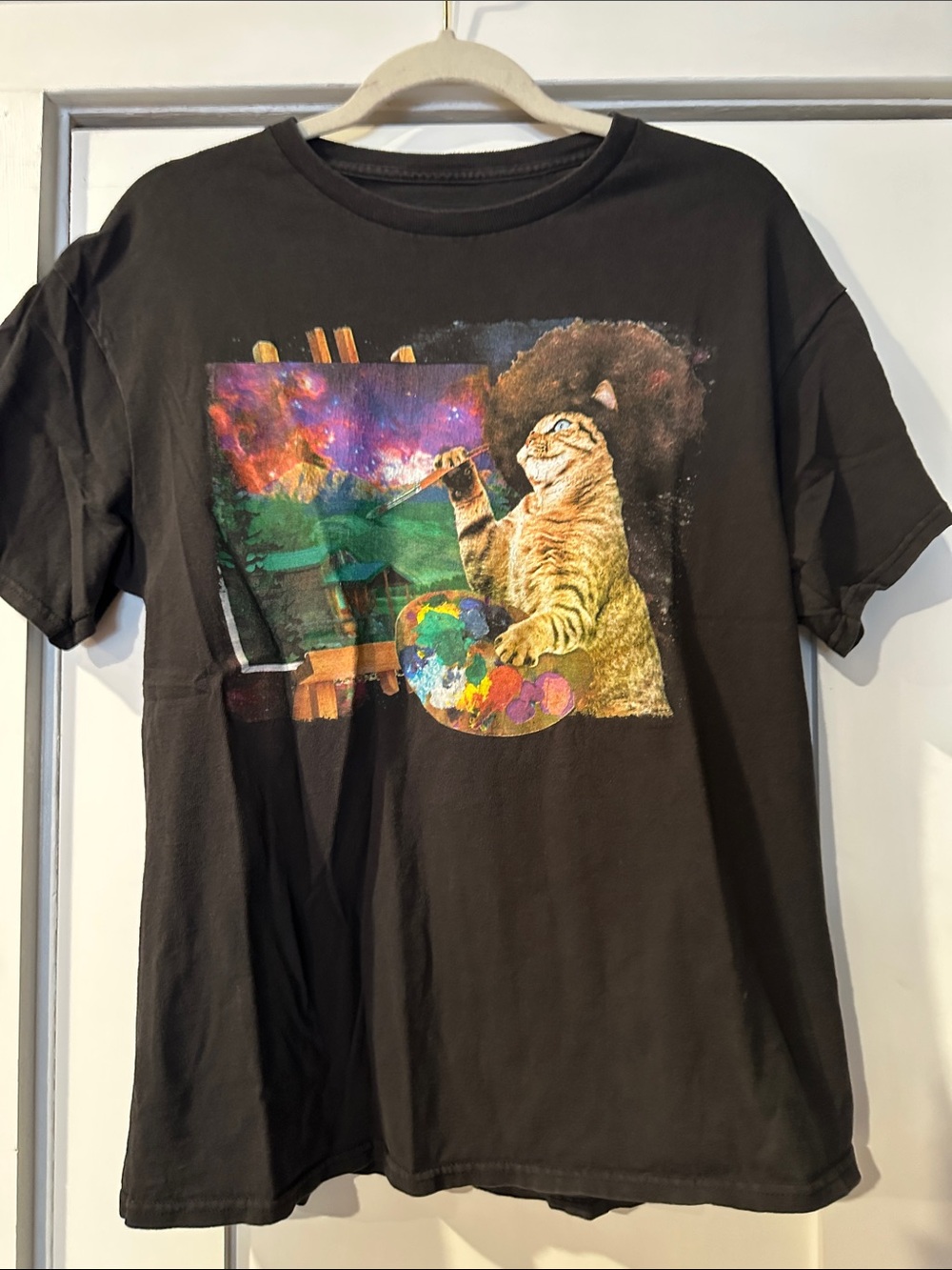 Spencer's Black Tee with Colorful Painter Cat Graphic